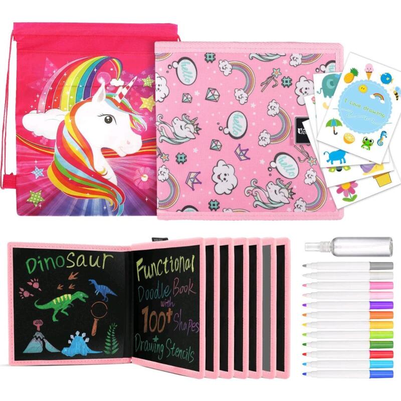 New QearFun Kids Toddler Erasable Doodle Book Set with Markers & Stencils, Reusable Coloring Drawing Pad Board, Car Road Trips Travel Essentials Activities, For Ages 3+
