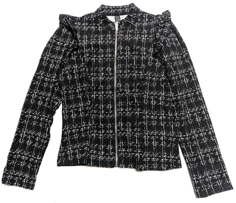 New Size LG Women's Ruffled Shoulder Zip-Up Long-Sleeve Top