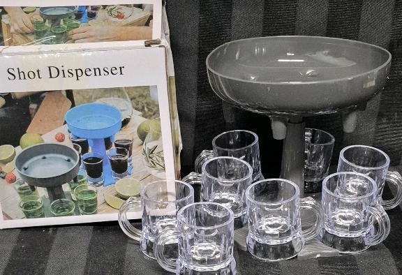 New Shot Dispenser 5" Tall with 8 Plastic Shot Mugs