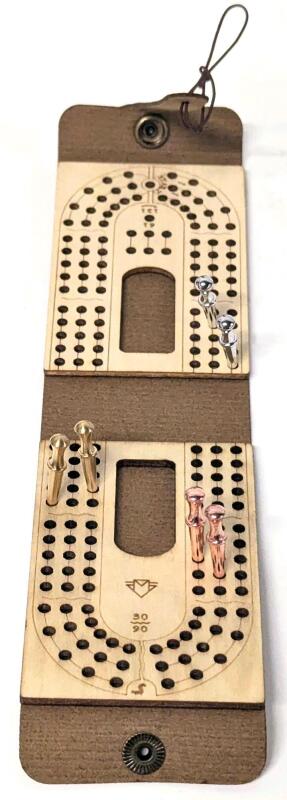 New Portable Laser-Etched Wood Travel CRIBBAGE Kit With 6 Metal Pegs, 2.25" &times; 9.75" Long Unfolded