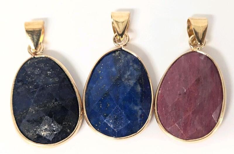3 New Polished Faceted Semi-Precious Stone Pendants: Lapis Lazuli + Pink Rhodochrosite, 1.25" Long Incl Bale