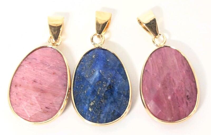 3 New Polished Faceted Semi-Precious Stone Pendants: Lapis Lazuli + Pink Rhodochrosite, 1.25" Long Incl Bale