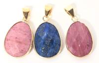 3 New Polished Faceted Semi-Precious Stone Pendants: Lapis Lazuli + Pink Rhodochrosite, 1.25" Long Incl Bale