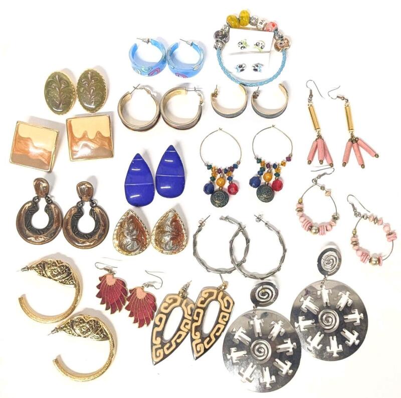 17 Pairs Vintage To Modern Pierced Earrings Up To 3.4" Long & Charm Bracelet 2.25" Diameter