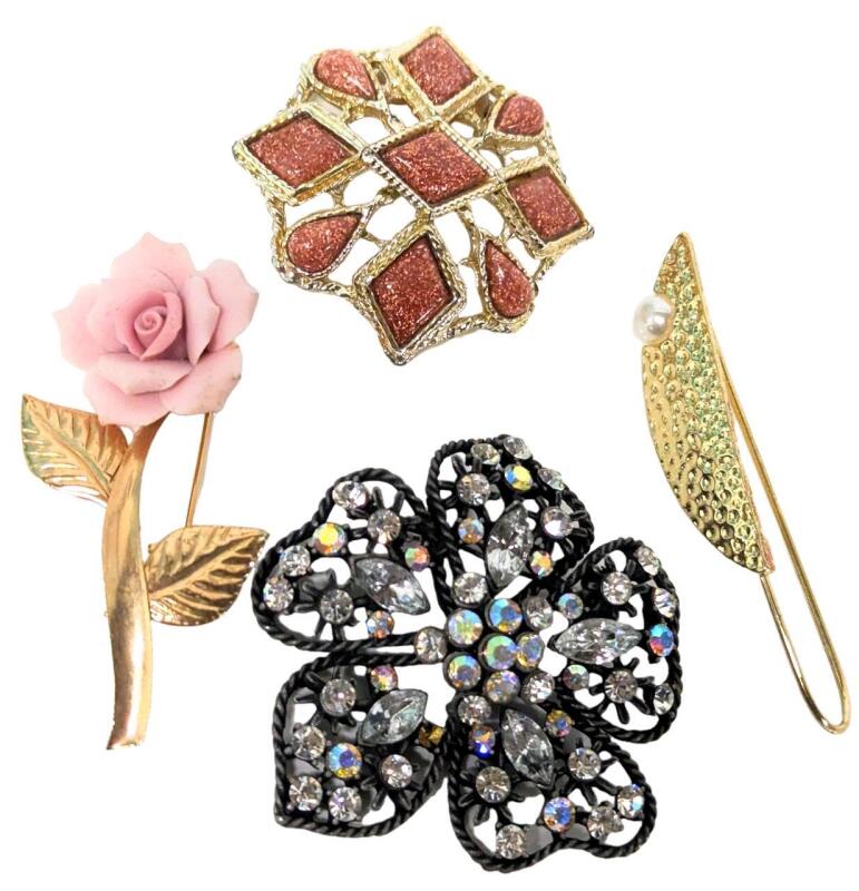 3 Vintage Floral Brooches Up To 2.4" Long & 2.5" Long Leaf-Shaped Faux Pearl... Folded Cuff Holder? Lapel Clip? Unknown!