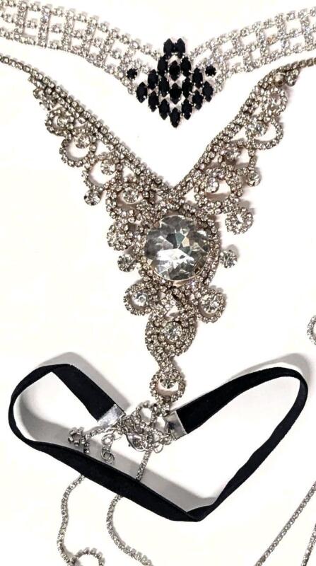 2 Vintage Rhinestone Statement Necklaces & Cascading Rhinestone Choker Necklace, Up To 16" Long
