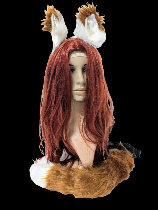 New 4-Piece Fox Furry Kitsune Cosplay Set, 24" Long Ginger Hard Front Wig, Pair of Fox Ear Hair Clips, 18" Long Fox Tail Belt