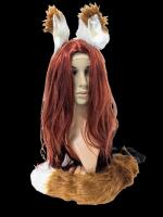 New 4-Piece Fox Furry Kitsune Cosplay Set, 24" Long Ginger Hard Front Wig, Pair of Fox Ear Hair Clips, 18" Long Fox Tail Belt
