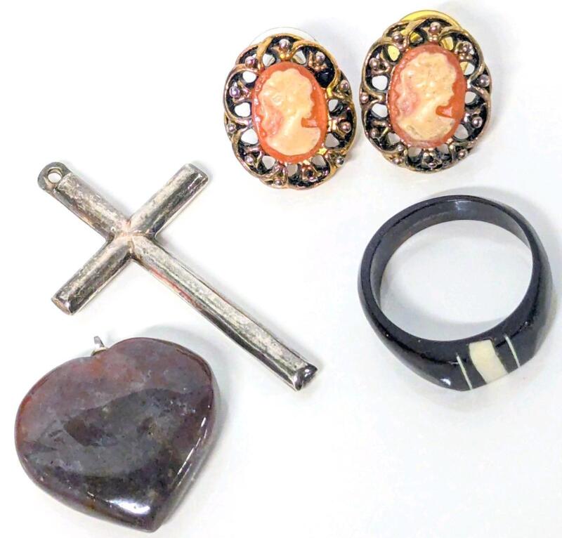 Vintage Size 11 Inlaid Ring, Polished Stone Heart Pendant, Hollow Unstamped Non-Magnetic 1.8" Long Cross, Pair Pierced Cameo Earrings
