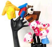 New 8pc Adorable Plush Mr. Wolf, 4 Pigs & 3 Houses Finger Puppets