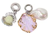 2 New Sterling Silver Stamped S925 Faux Pearl & Clams Bracelet Dangle Charms, 1" - 1.15" Long