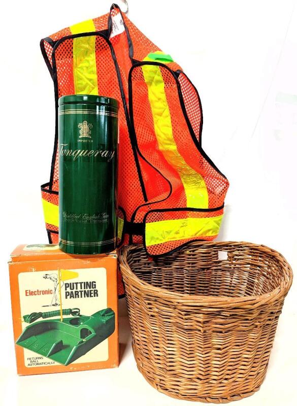 Working Vintage Electronic Putting Partners, O/S Adult Traffic Safety Vest, Wicker Bicycle Basket & Tangueray Gin Tin 11" Tall
