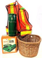 Working Vintage Electronic Putting Partners, O/S Adult Traffic Safety Vest, Wicker Bicycle Basket & Tangueray Gin Tin 11" Tall