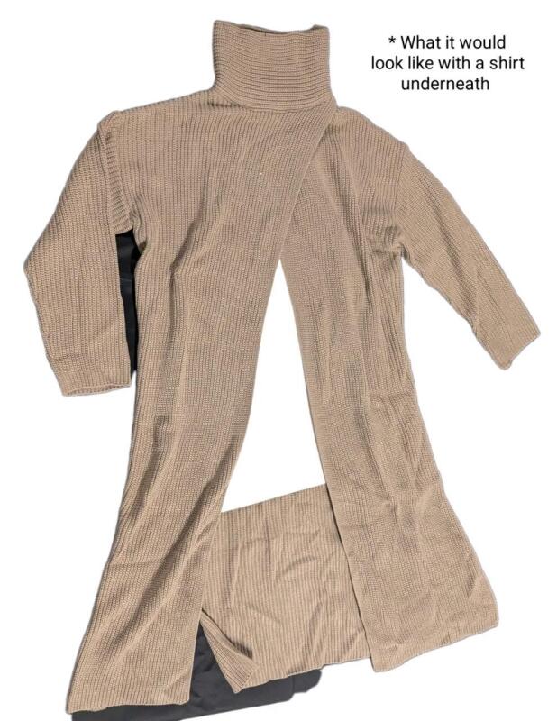 New Size Small (Oversized) Women's Over-The-Head Ankle-Length Long-Sleeve Turtleneck Cardigan With Cross-Cross Open Front