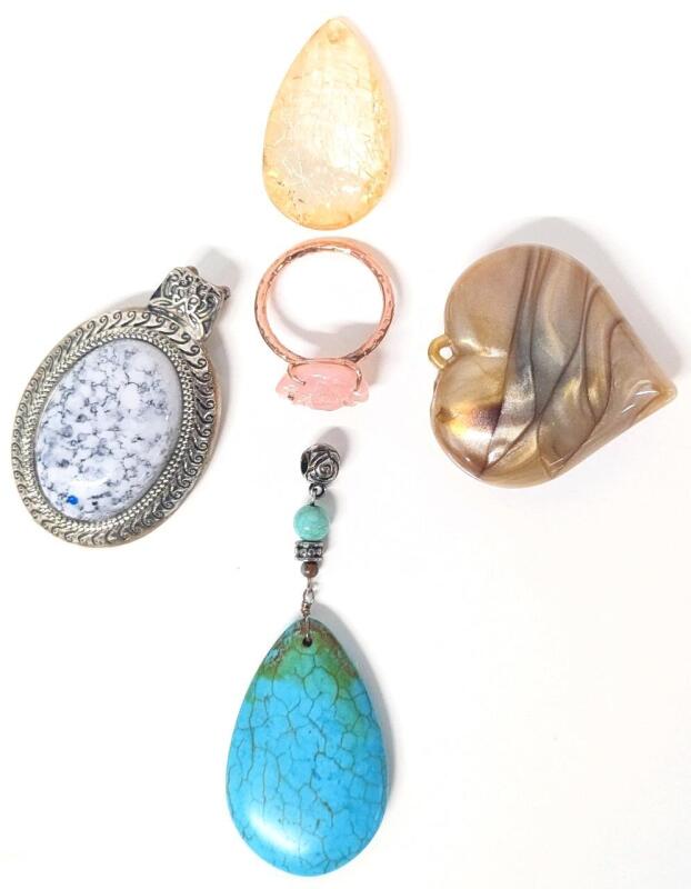 4 Vintage to Modern Pendants Up To 3.5" Long + Size 16 Carved Presumed Rose Quartz Rose Ring