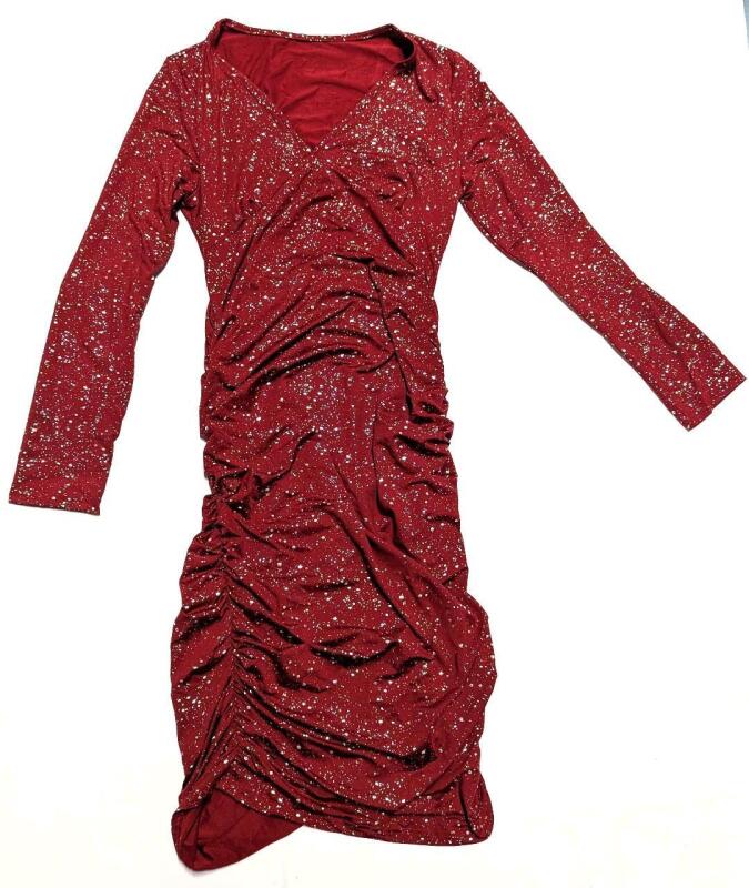 New Size XL Women's Ruched Stretchy Fitted Long-Sleeve Bodycon Dress With Shiny Silvery Metallic Dots