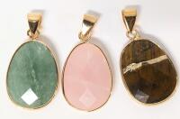 3 New Polished Faceted Semi-Precious Stone Pendants: Brown Labradorite + Green / Pink Quartz, 1.25" Long Incl Bale