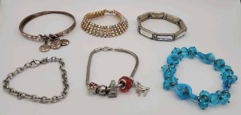 6 Assorted Bracelets . Charms Bracelets , Blue Bracelet , Link Bracelet , Rhinestone Bracelet & Art Deco Style Bracelet