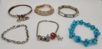 6 Assorted Bracelets . Charms Bracelets , Blue Bracelet , Link Bracelet , Rhinestone Bracelet & Art Deco Style Bracelet