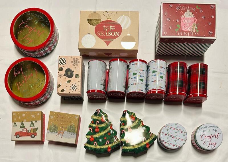 17 Assorted Christmas Gift Boxes and Tins, Largest Measures Approx. 8&rdquo; x 6&rdquo; x 6&rdquo;