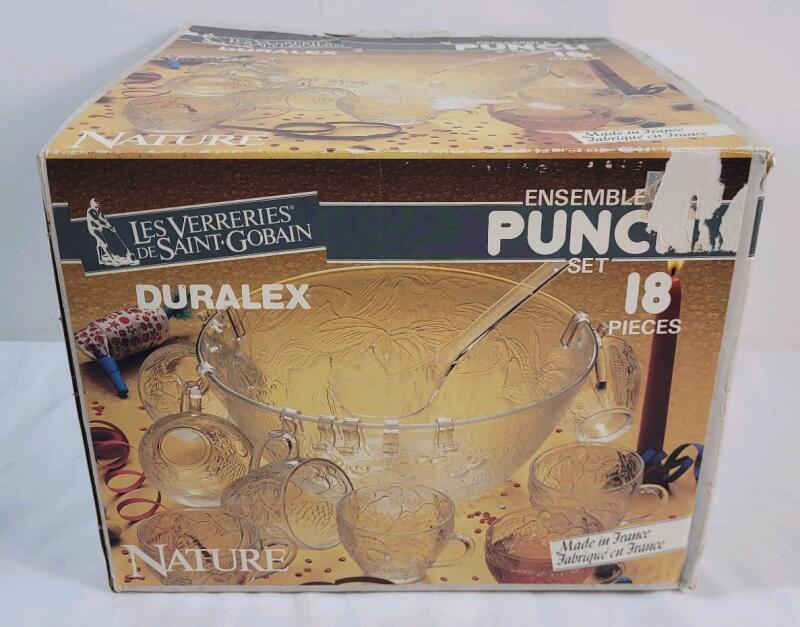 Duralex 18pc. Clear Glass Punch Bowl & Glasses Set .