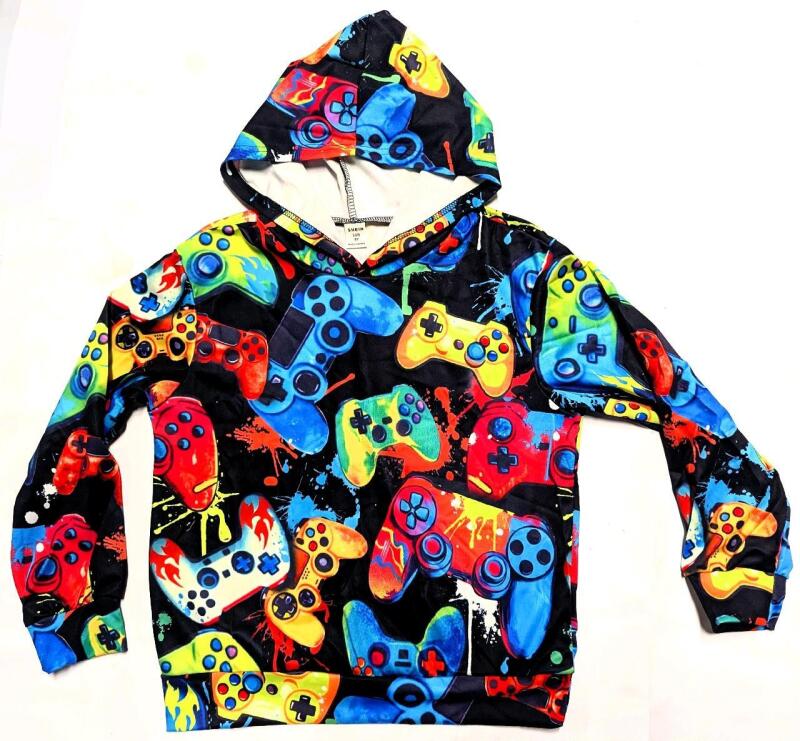 New Size 8Y Kids Lightweight Vibrant All-Over Print Video Game Controller Hooded Shirt