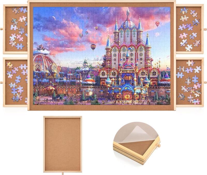 New 1000 Piece Wooden Jigsaw Puzzle Table - 4 Drawers, Rotating Puzzle Board | 30&rdquo; X 22&rdquo; Jigsaw Puzzle Board | Puzzles Cover Included
