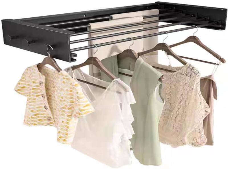 New Paihocou Collapsible Clothing Storage Organizer Drying Rack Wall Mounted for Laundry- 5 Aluminum Rods with 6 Hook Foldable Closet Shelves (Black, 39.37 in)