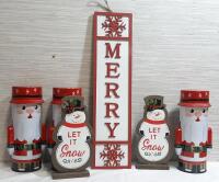 Lot of Indoor Holiday Items, Including 3 Tall Tins, 2 Wooden Snowman Stands & Hangable Wood Sign