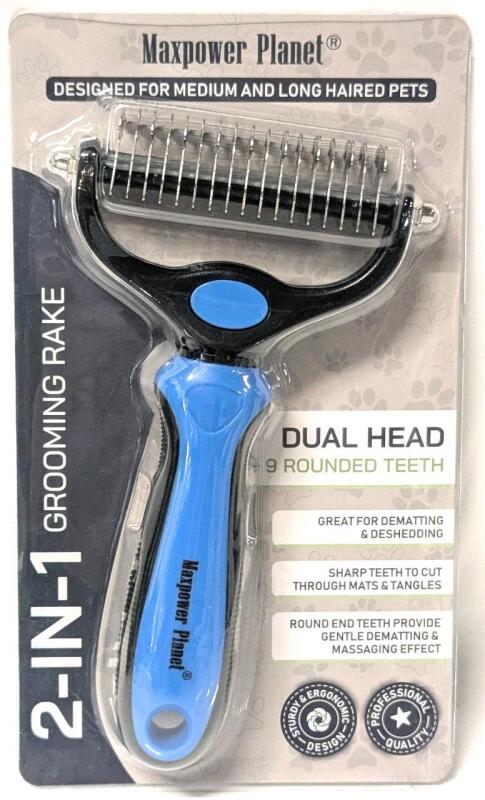 New Maxpower Planet 2-In-1 GROOMING RAKE, Dual Head With 9 Rounded Teeth, Great For Dematting & Deshedding
