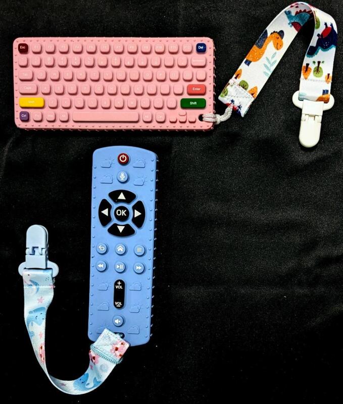 2 New Silicone Baby Sensory Popping Teethers With Clips, Realistic 1:1 Size Remote Control & 6.4" Long Mini QWERTY Keyboard