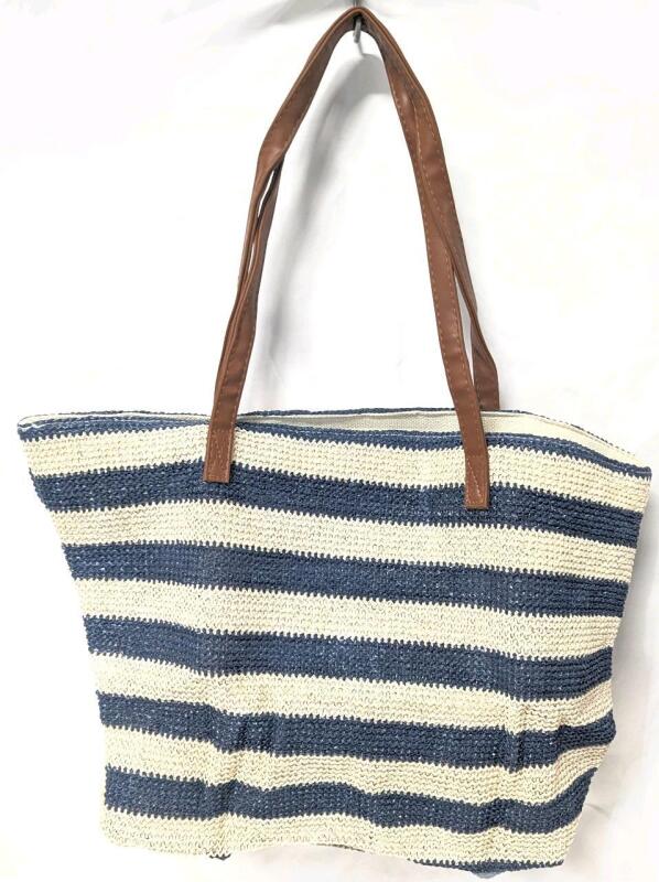 New Large Classic Woven Plastic Beach Tote Bag With Zippered Closure. 14.5" &times; 5" &times; 12.5" Tall (Excl Handles)