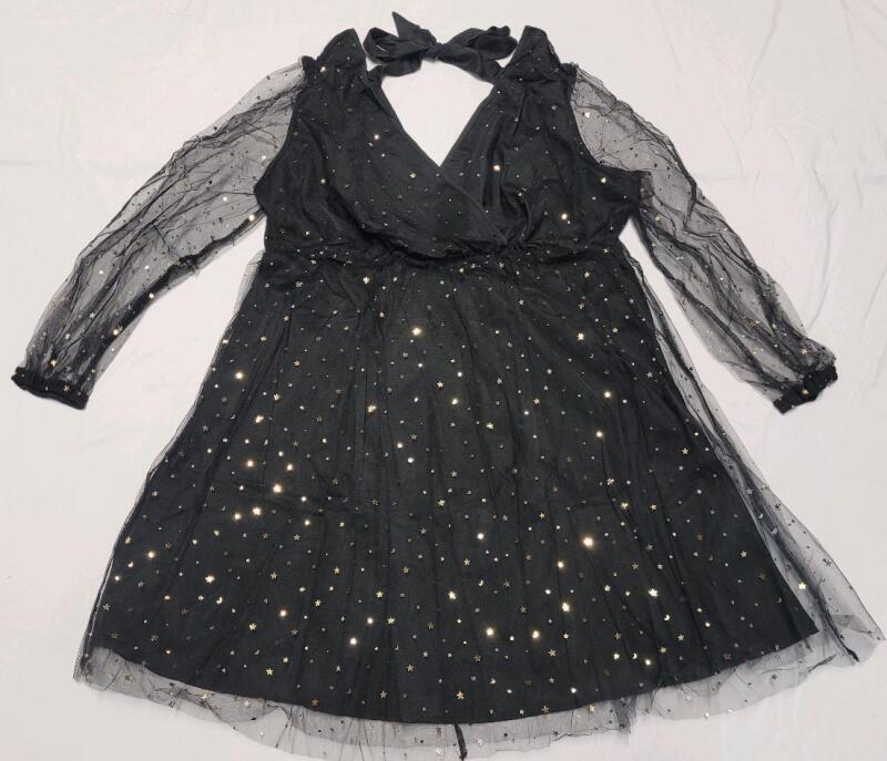 New Women's Sz. 2XL Shein Curve Sheer Long-Sleeve Short Cocktail Dress .