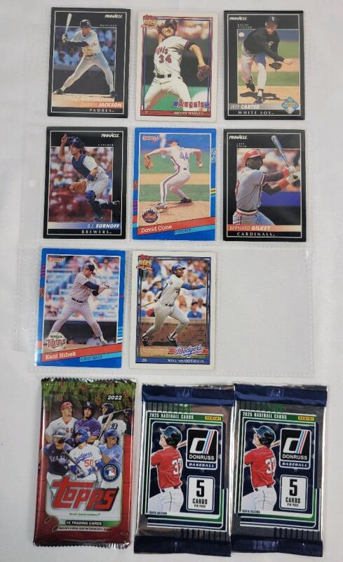 MLB Baseball Trading Card Lot . 2022 Topps Sealed Wax Pack , 2025 Panini Donruss Sealed Wax Pack &times;2 & Eight (8) 1991-92 Trading Card Singles
