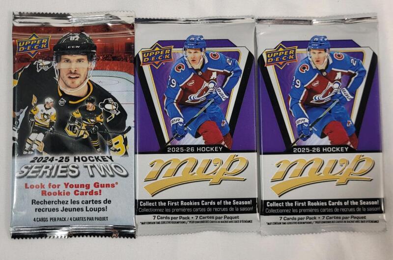 2024-25 UD Series Two NHL Hockey Trading Card Sealed Wax Pack & 2025-26 UD MVP NHL Hockey Trading Card Sealed Wax Pack &times;2 . Three (3) Wax Packs Total