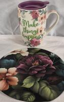 New Ceramic Travel Tumbler & Floral Mouse Pad 8" Diameter
