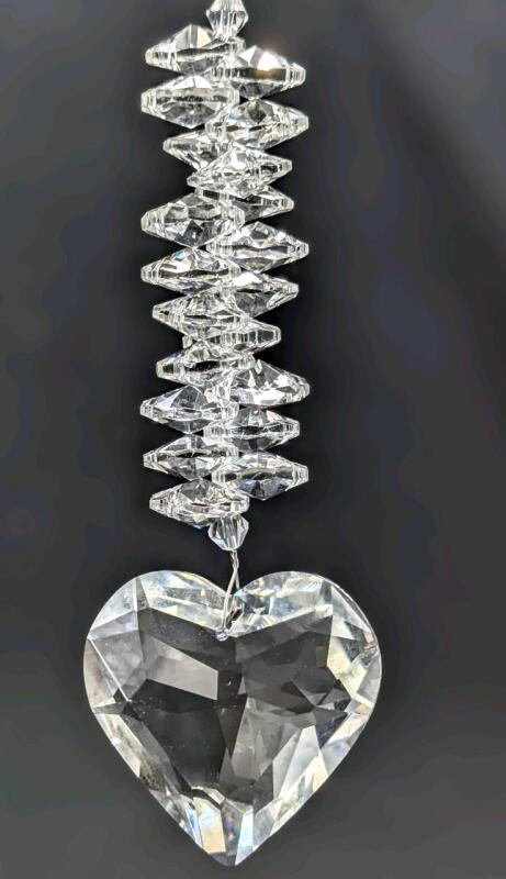Stunning Prismatic Faceted Heart Suncatcher, Heart 2" Long, Total Length 11"