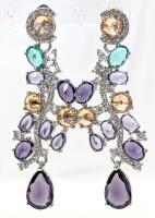 Stunning Branching Pierced Earrings Cascading Multicolor & Clear Open Gallery Rhinestones, 2.25" Long, Non-Magnetic, No Stamps Found
