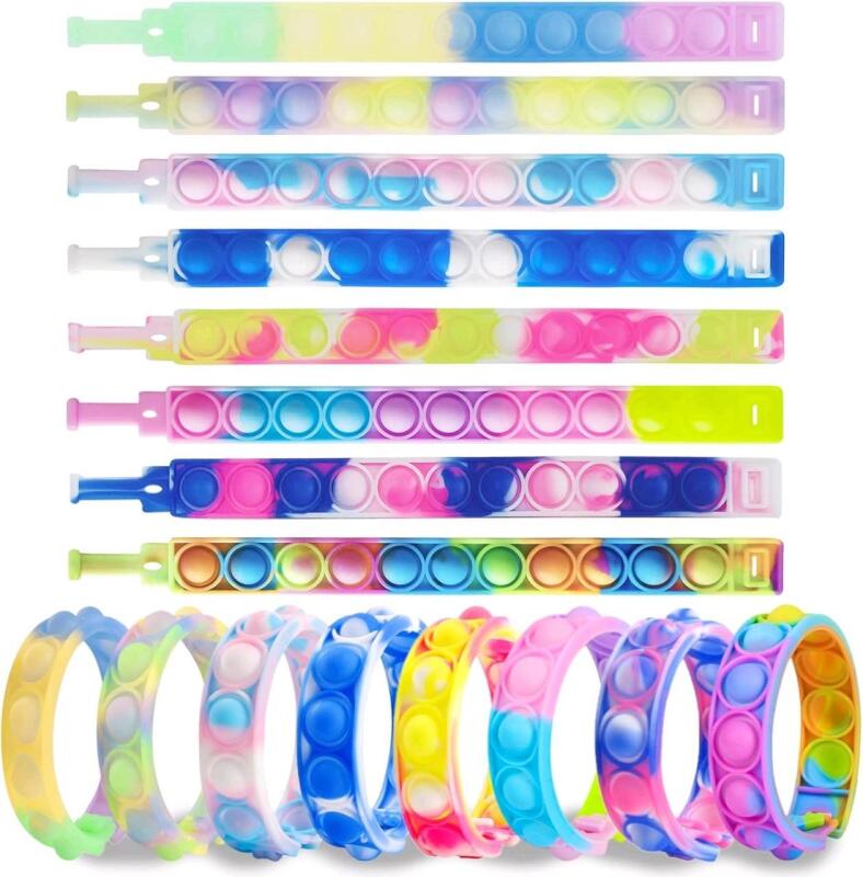 New 16pcs Pop Bubble Bracelet Fidget Toys, Hand Finger Press Silicone Wristband Toy, Stress Reliever Wristband Fidget Bulk Toys for Kids and Adults - See Second Image For Colours