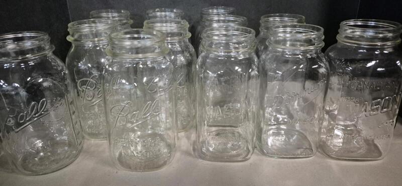 12 Glass Mason Jars - Ball, Mason & Dominion - No Lids 7" Tall