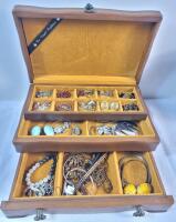 Vintage Assorted Jewelry w/Vintage JASCO Newcastle Ont. Wooden Jewelry Box (original sticker on bottom)