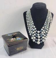 Vintage 5-Strand Signed Japan Necklace w/Vintage Ceramic Pottery Handpainted Froral Trinket Box w/Lid