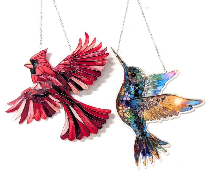 2 New Vibrant 2D Acrylic Suncatchers : Cardinal & Hummingbird, Up To 9" Long