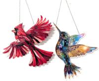 2 New Vibrant 2D Acrylic Suncatchers : Cardinal & Hummingbird, Up To 9" Long