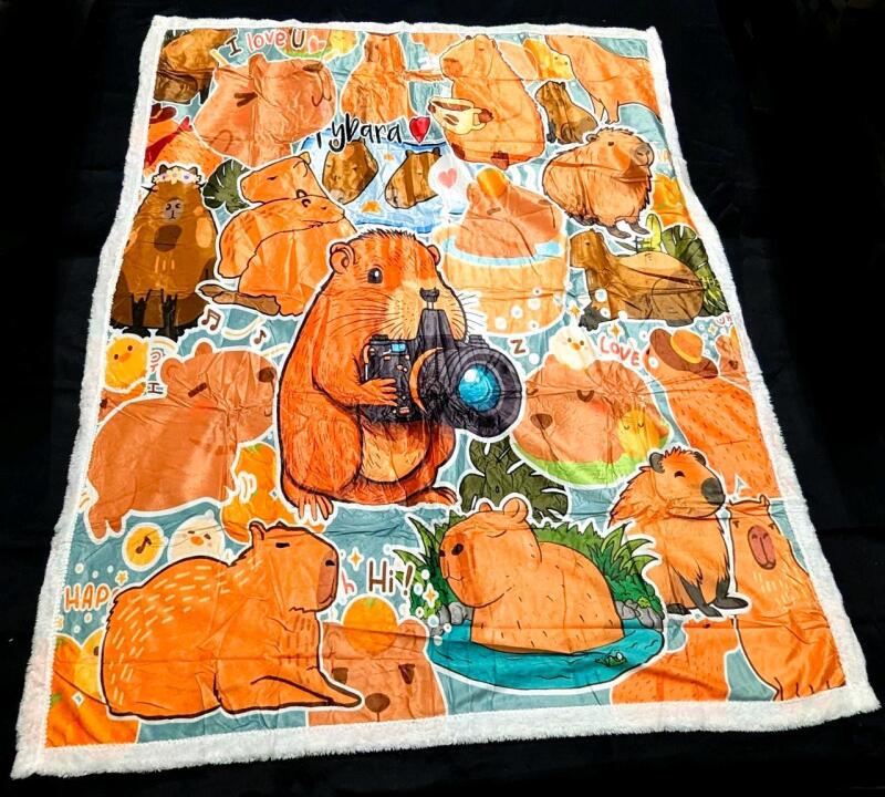 New Cartoon Capybara Throw Blanket, Minky Soft One Side, Faux Fur On The Other, 37" &times; 48"