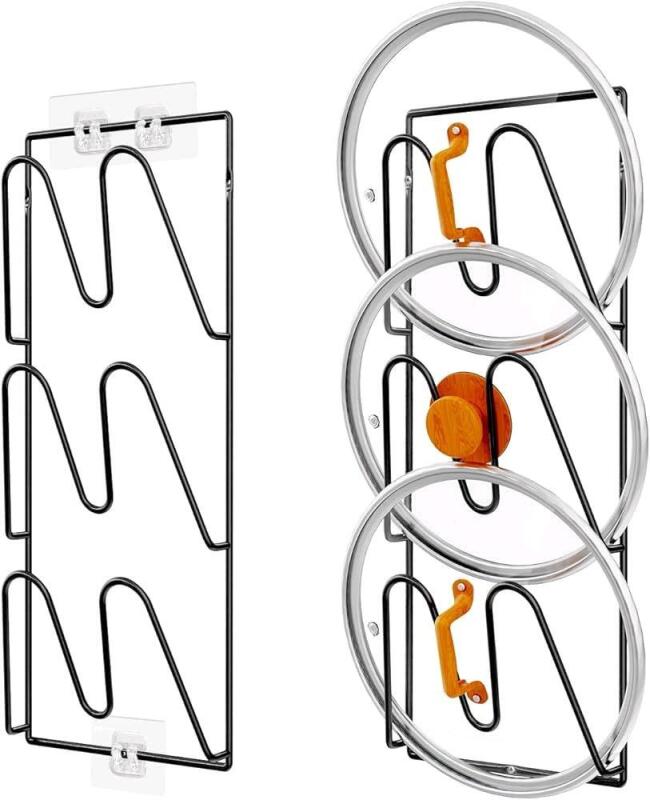New 2 Pack Pot Lid Organizer Rack, 6-Tier Pot Lids Holder for Cabinet Door/Wall, No Drilling Adhesive Wall/Door Mounted Rustproof Pot And Pan Cover For Kitchen Storage, Classic Black, 6" &times; 14" Each