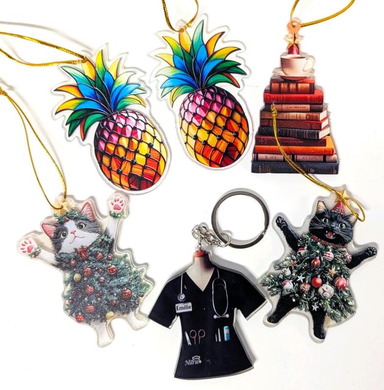 4 New 2D Resin Ornaments & Nurse Keychain - Up To 3.15" Long (Excl String)