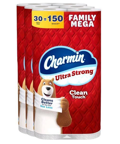 New - 30-Rolls Charmin Ultra Strong Clean Touch Toilet Paper, 30 Family Mega Rolls = 150 Regular Rolls
