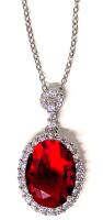 Gorgeous Clear Red Faceted Stone Pendant Surrounded By Clear Rhinestones (1.25" Incl Bale) On 17" Long Sterling Silver Chain Stamped 925