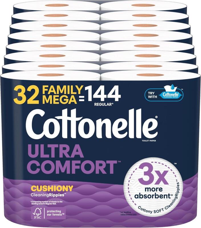 New Cottonelle Ultra Comfort Toilet Paper with Cushiony CleaningRipples Texture, 32 Family Mega Rolls = 144 Regular Rolls (8 Packs of 4)